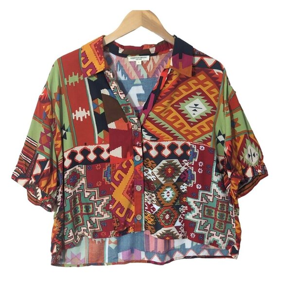 Christian Siriano Tops - Christian Siriano Aztec Button Up Top Shirt Womens L Short Sleeve Crop Y2K 90s
